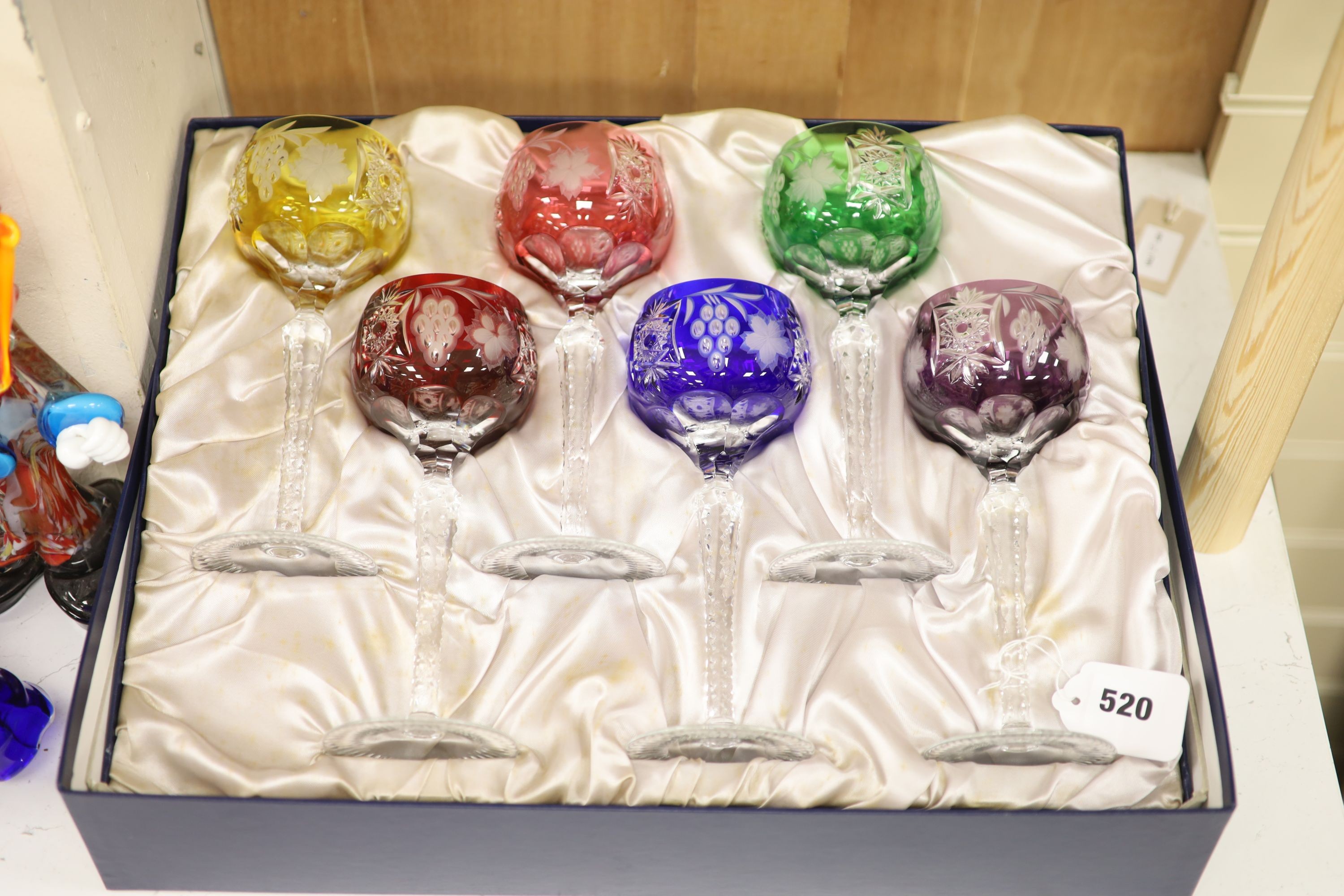 A set of six harlequin 'Chelsea Crystal' engraved hock glasses, boxed